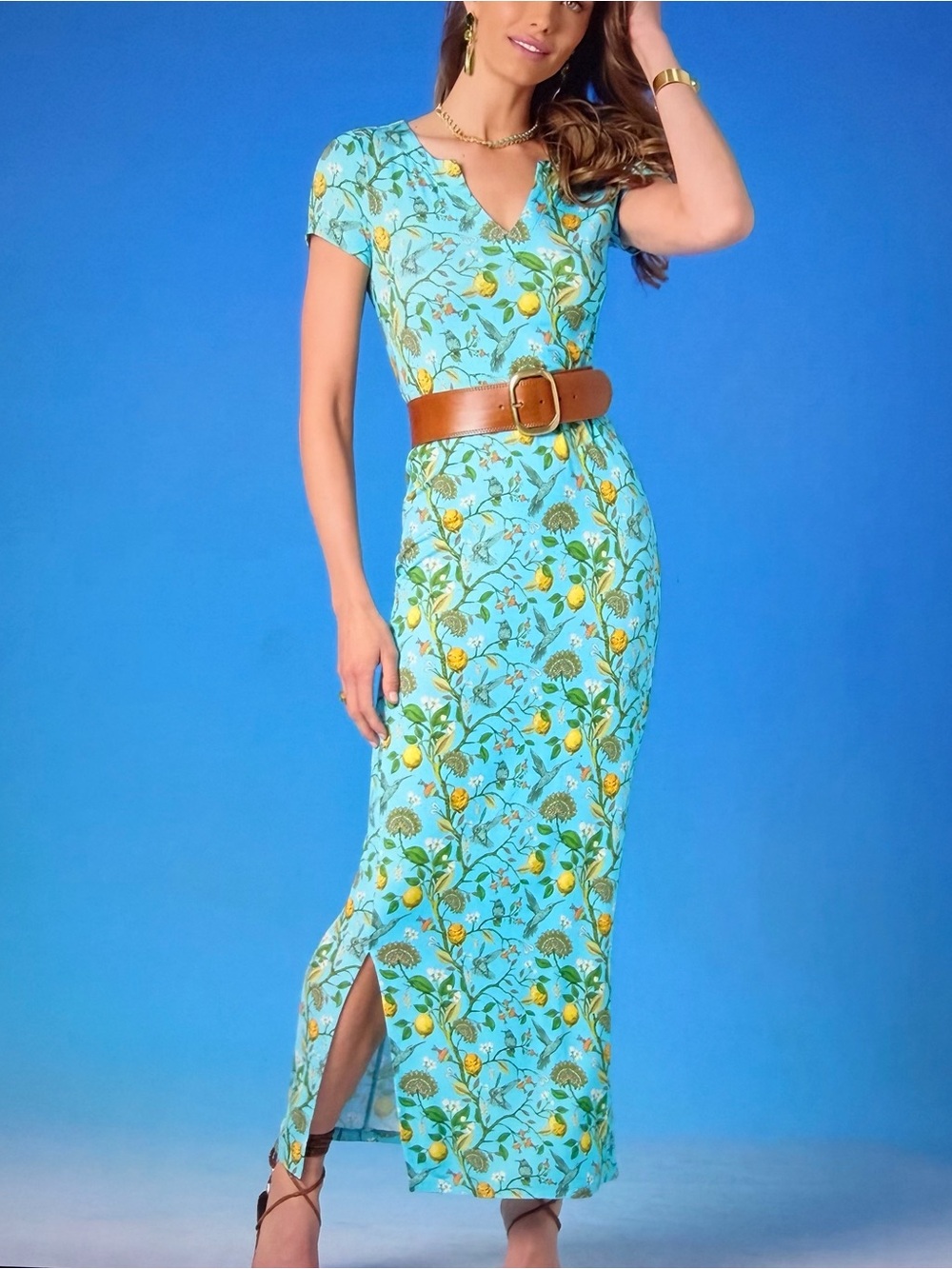 NICoBLU Floral Long Stretch Dress in Turq Hummingbird Print. Luxuriosly soft. Sm